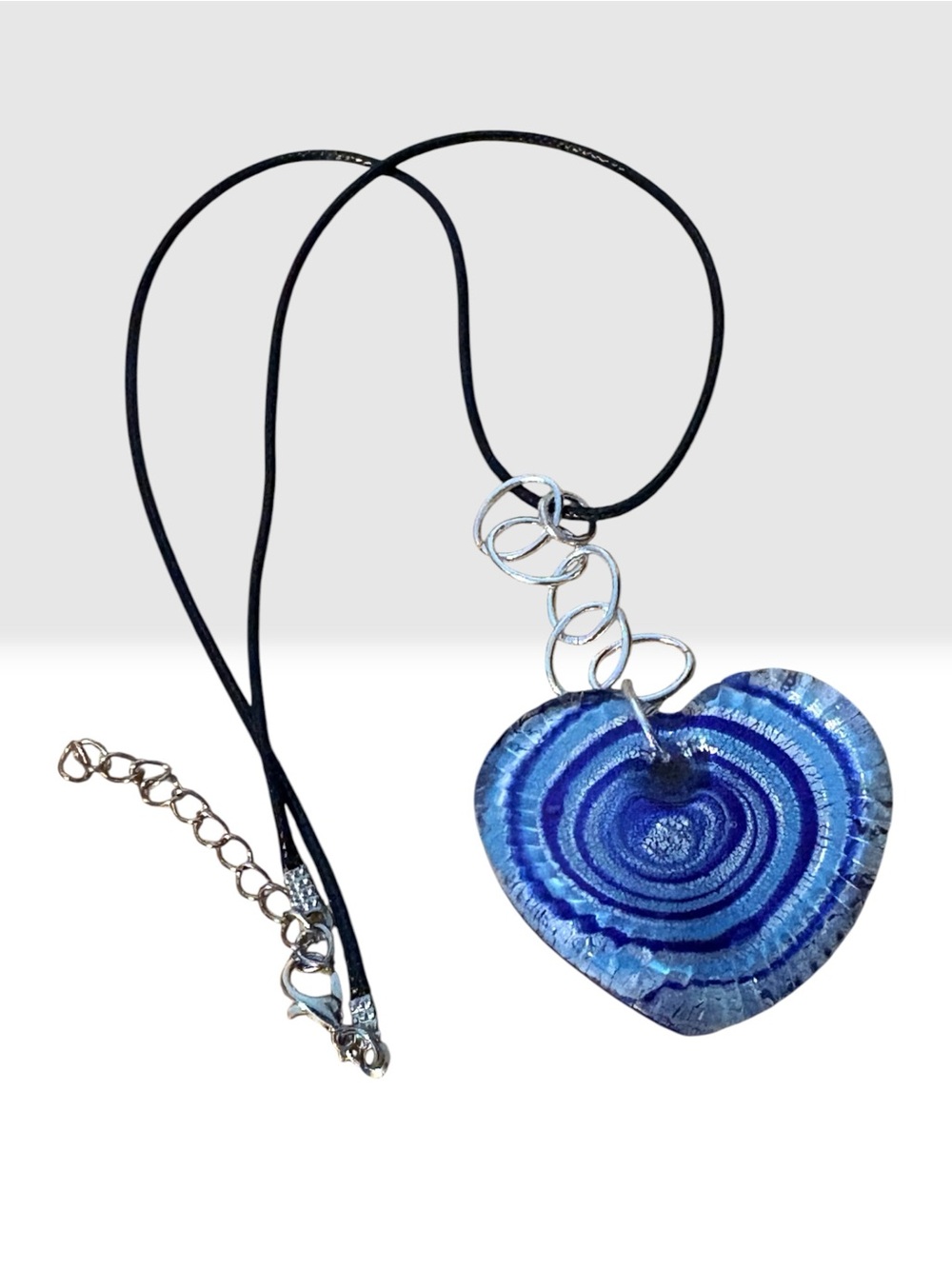 Handmade Blue Silver Heart Glass Pendant Necklace - Women Jewelry Accessory - Picture 1 of 5